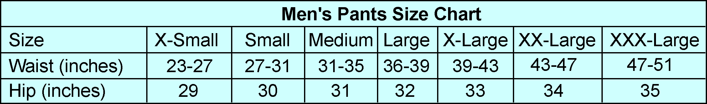 Men's pants size chart